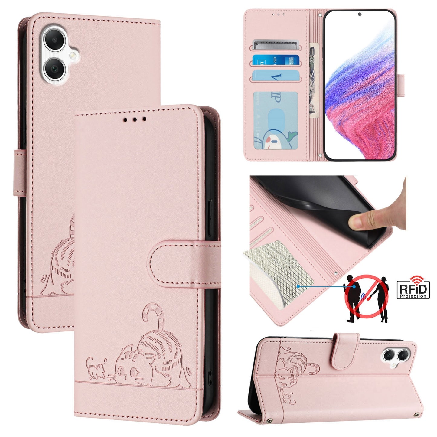 Samsung Galaxy A06 4G Leather Phone Case with Cat and Rat Embossed Pattern, RFID Protection, Card Holder Slots, Anti-fall Feature & Lanyard