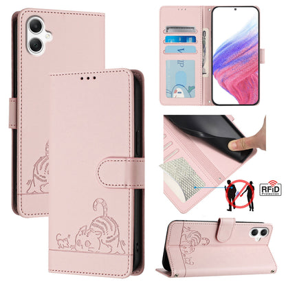 Samsung Galaxy A06 4G Leather Phone Case with Cat and Rat Embossed Pattern, RFID Protection, Card Holder Slots, Anti-fall Feature & Lanyard