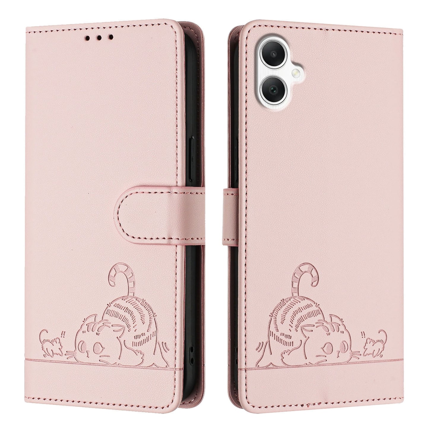 Samsung Galaxy A06 4G Leather Phone Case with Cat and Rat Embossed Pattern, RFID Protection, Card Holder Slots, Anti-fall Feature & Lanyard