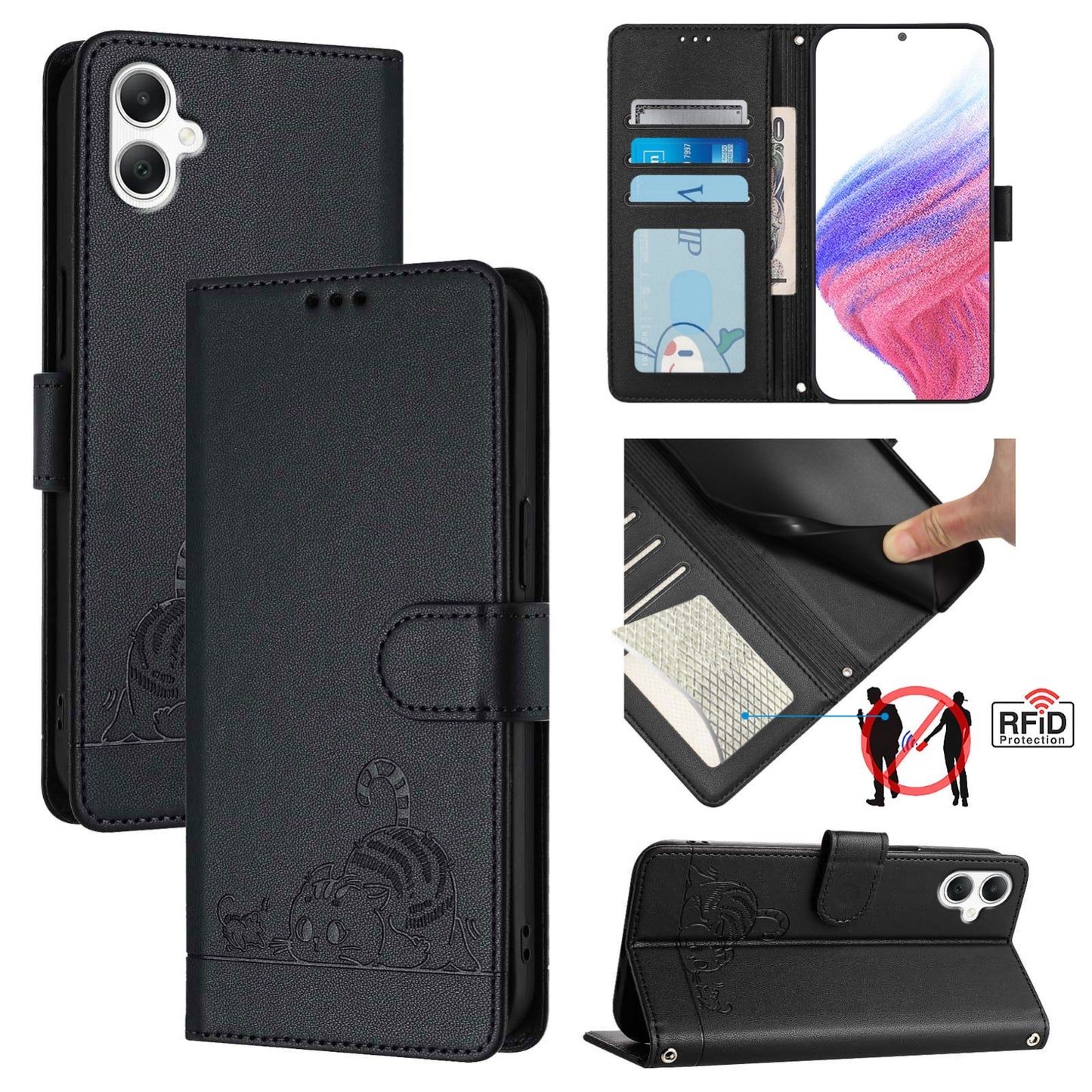 Samsung Galaxy A06 4G Leather Phone Case with Cat and Rat Embossed Pattern, RFID Protection, Card Holder Slots, Anti-fall Feature & Lanyard
