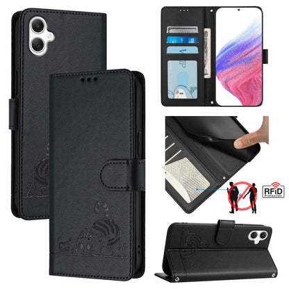 Samsung Galaxy A06 4G Leather Phone Case with Cat and Rat Embossed Pattern, RFID Protection, Card Holder Slots, Anti-fall Feature & Lanyard