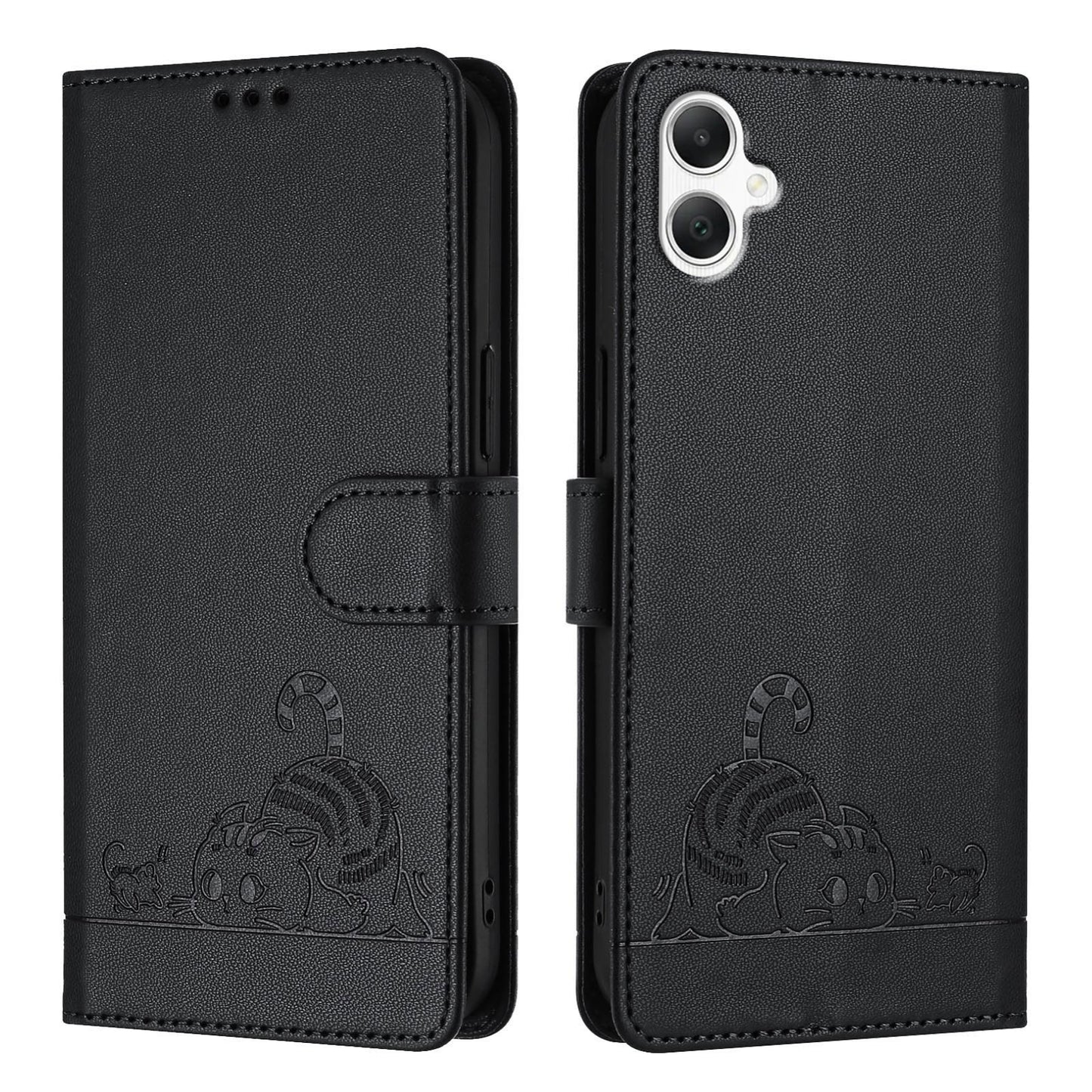 Samsung Galaxy A06 4G Leather Phone Case with Cat and Rat Embossed Pattern, RFID Protection, Card Holder Slots, Anti-fall Feature & Lanyard
