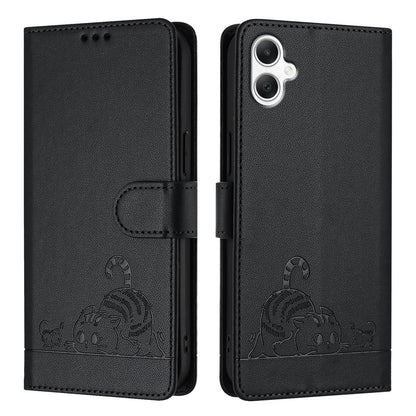 Samsung Galaxy A06 4G Leather Phone Case with Cat and Rat Embossed Pattern, RFID Protection, Card Holder Slots, Anti-fall Feature & Lanyard
