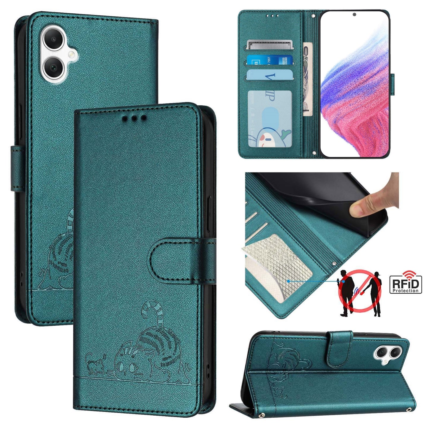 Samsung Galaxy A06 4G Leather Phone Case with Cat and Rat Embossed Pattern, RFID Protection, Card Holder Slots, Anti-fall Feature & Lanyard