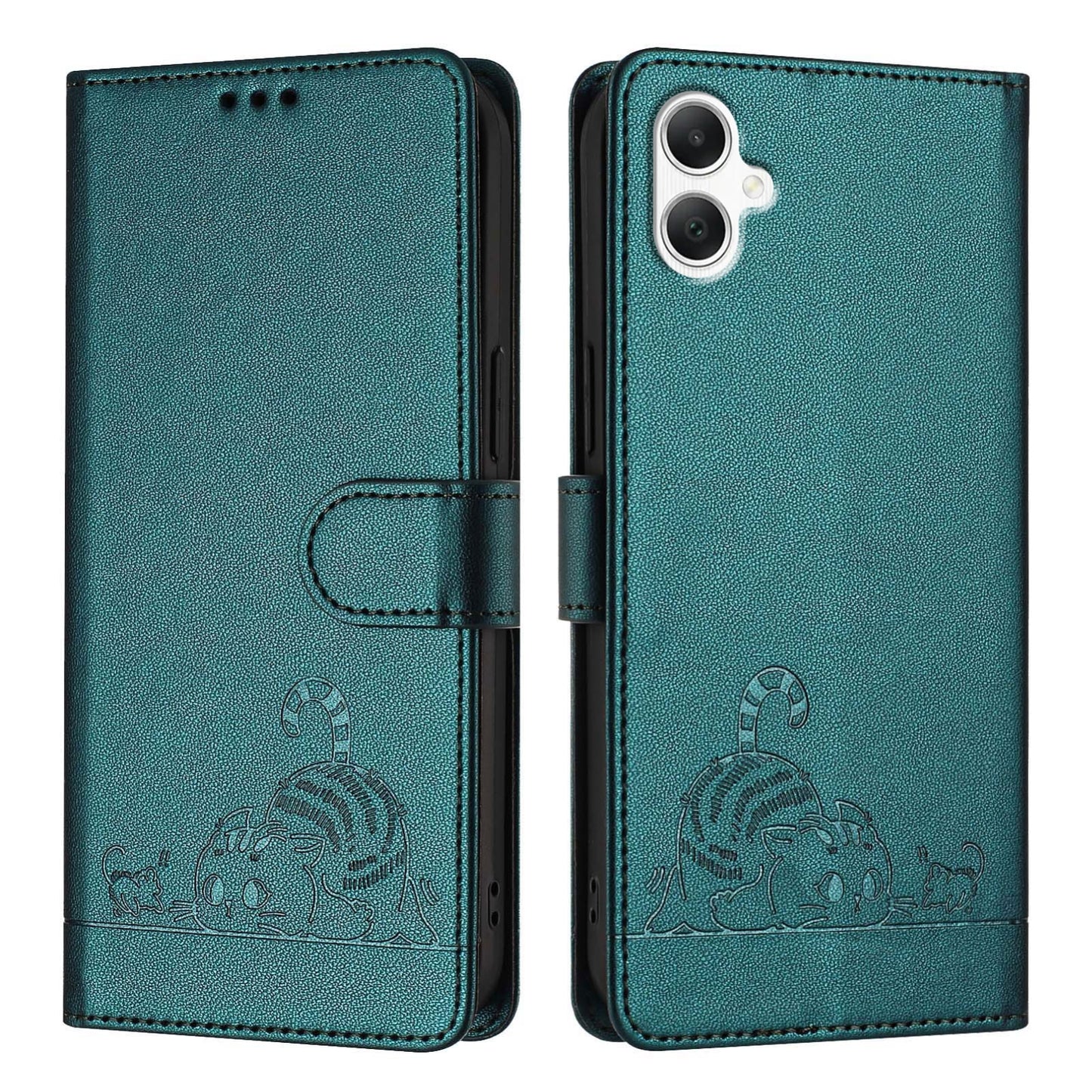 Samsung Galaxy A06 4G Leather Phone Case with Cat and Rat Embossed Pattern, RFID Protection, Card Holder Slots, Anti-fall Feature & Lanyard