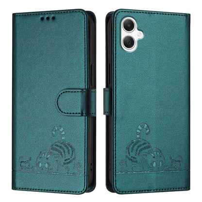 Samsung Galaxy A06 4G Leather Phone Case with Cat and Rat Embossed Pattern, RFID Protection, Card Holder Slots, Anti-fall Feature & Lanyard