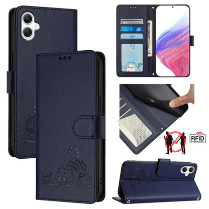 Samsung Galaxy A06 4G Leather Phone Case with Cat and Rat Embossed Pattern, RFID Protection, Card Holder Slots, Anti-fall Feature & Lanyard