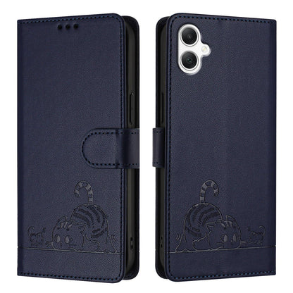 Samsung Galaxy A06 4G Leather Phone Case with Cat and Rat Embossed Pattern, RFID Protection, Card Holder Slots, Anti-fall Feature & Lanyard