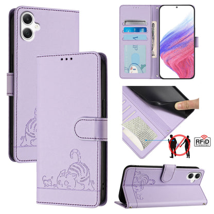 Samsung Galaxy A06 4G Leather Phone Case with Cat and Rat Embossed Pattern, RFID Protection, Card Holder Slots, Anti-fall Feature & Lanyard