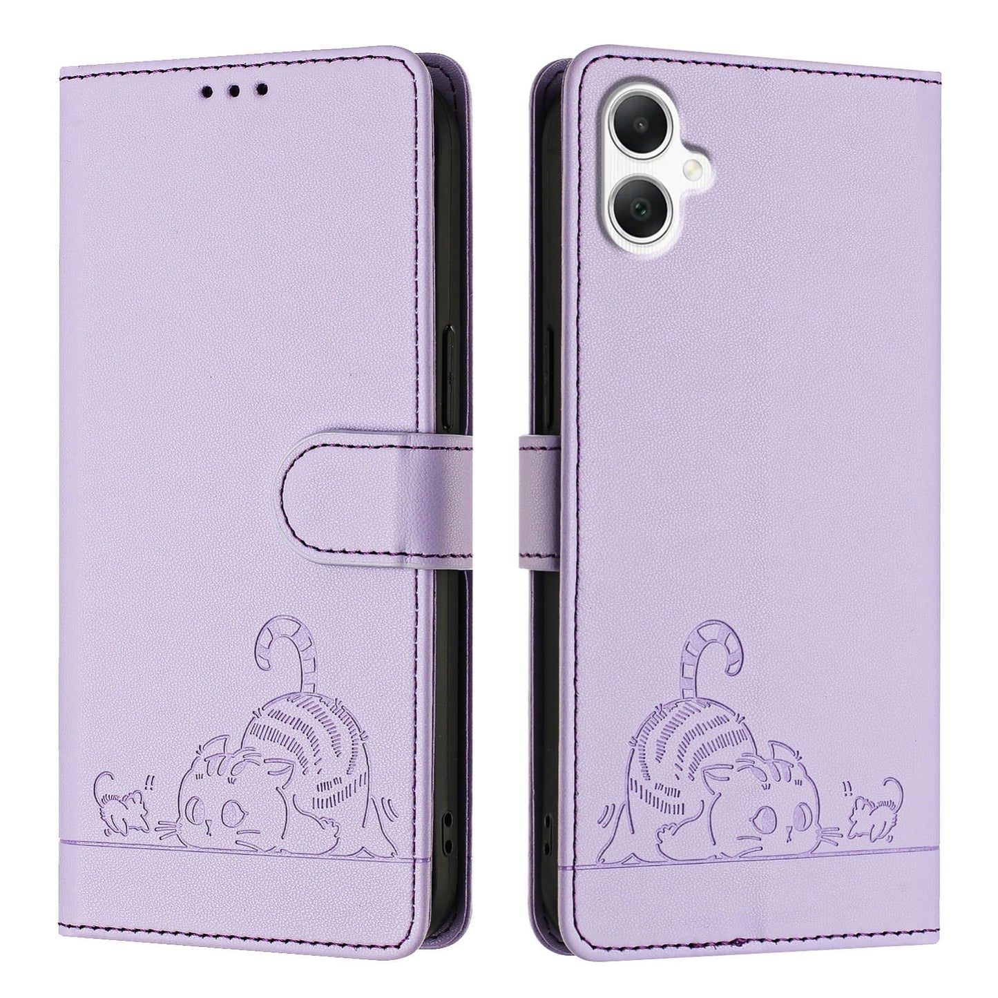 Samsung Galaxy A06 4G Leather Phone Case with Cat and Rat Embossed Pattern, RFID Protection, Card Holder Slots, Anti-fall Feature & Lanyard
