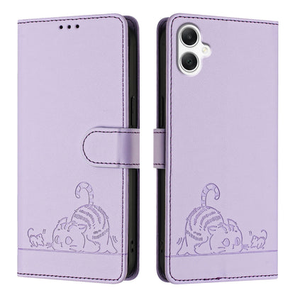 Samsung Galaxy A06 4G Leather Phone Case with Cat and Rat Embossed Pattern, RFID Protection, Card Holder Slots, Anti-fall Feature & Lanyard