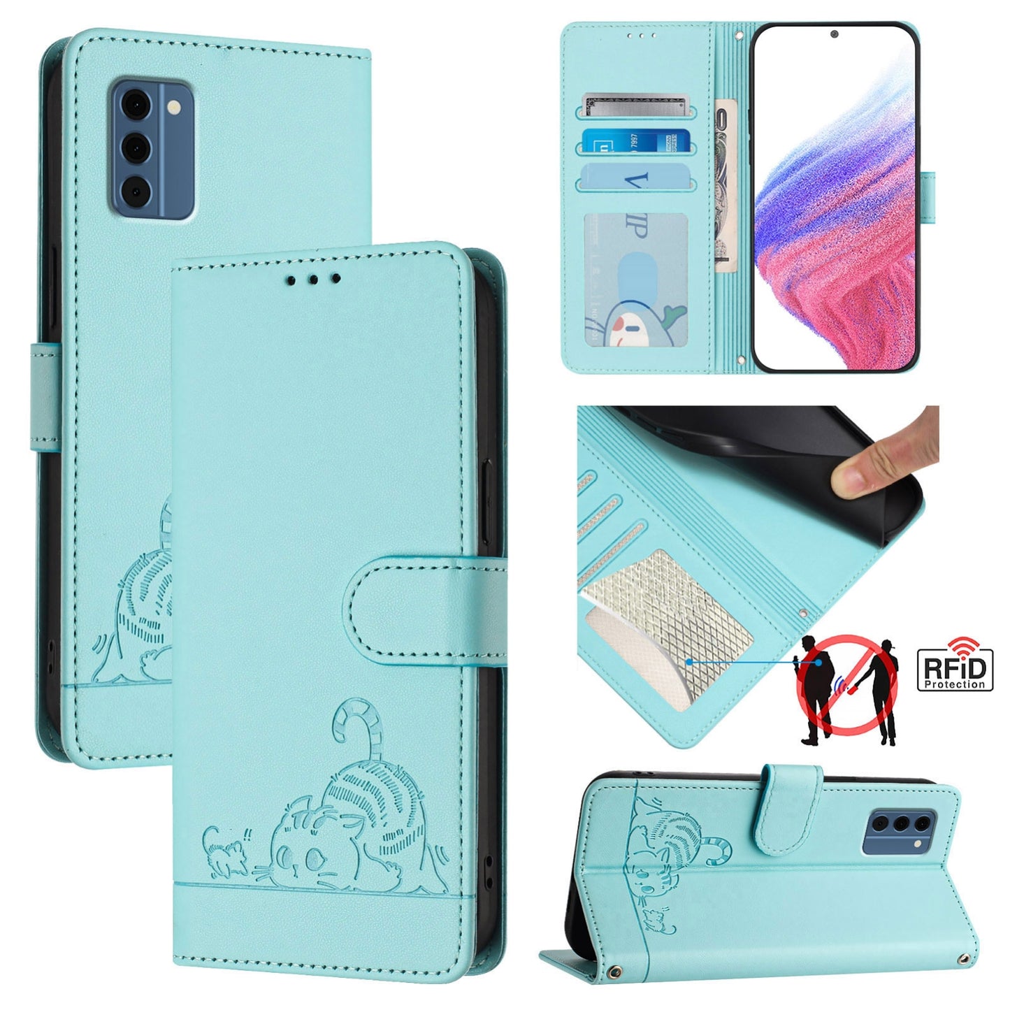 Nokia C300 Leather Phone Case with Cat and Rat Embossed Pattern, RFID Protection, Card Holder Slots, Anti-fall Feature & Lanyard