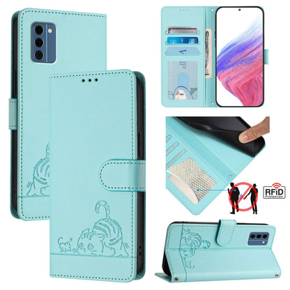 Nokia C300 Leather Phone Case with Cat and Rat Embossed Pattern, RFID Protection, Card Holder Slots, Anti-fall Feature & Lanyard