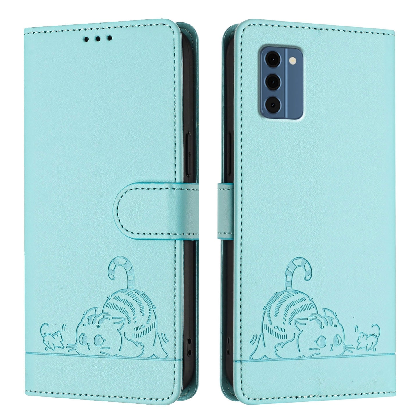 Nokia C300 Leather Phone Case with Cat and Rat Embossed Pattern, RFID Protection, Card Holder Slots, Anti-fall Feature & Lanyard