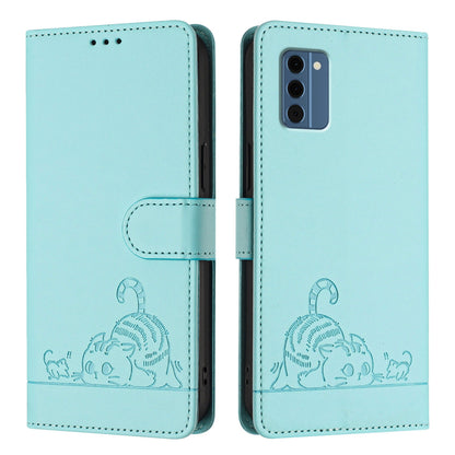 Nokia C300 Leather Phone Case with Cat and Rat Embossed Pattern, RFID Protection, Card Holder Slots, Anti-fall Feature & Lanyard