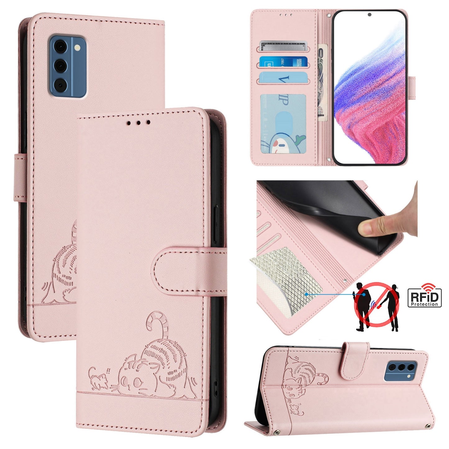 Nokia C300 Leather Phone Case with Cat and Rat Embossed Pattern, RFID Protection, Card Holder Slots, Anti-fall Feature & Lanyard