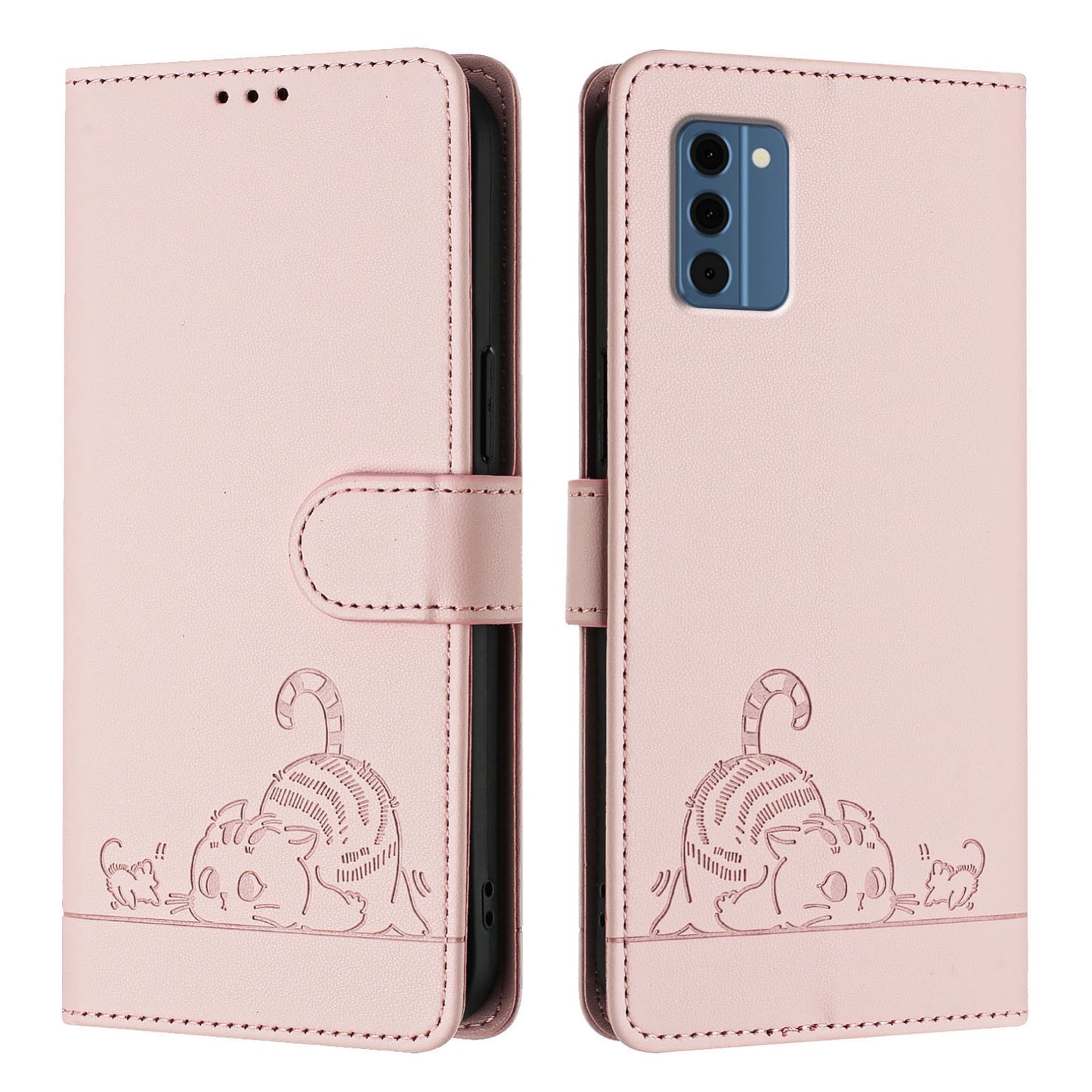 Nokia C300 Leather Phone Case with Cat and Rat Embossed Pattern, RFID Protection, Card Holder Slots, Anti-fall Feature & Lanyard