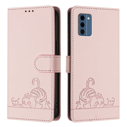Nokia C300 Leather Phone Case with Cat and Rat Embossed Pattern, RFID Protection, Card Holder Slots, Anti-fall Feature & Lanyard