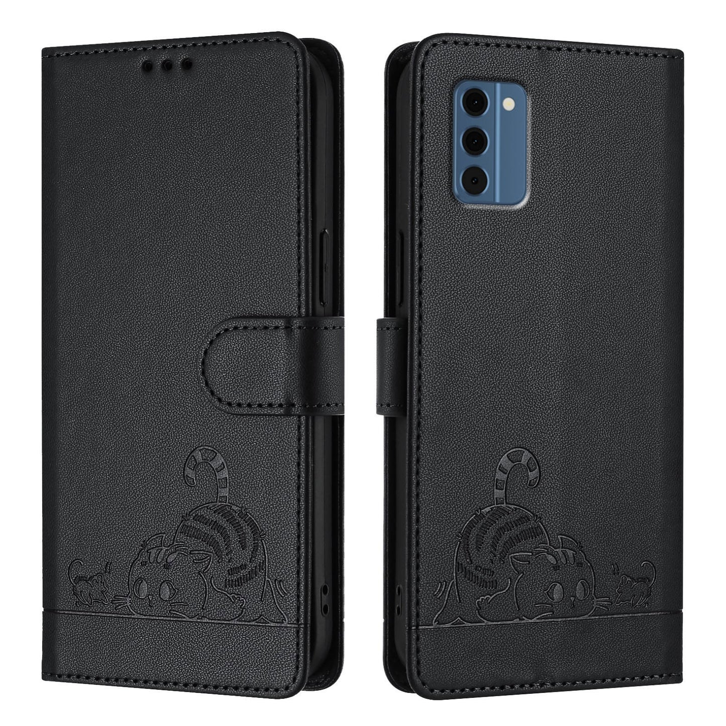 Nokia C300 Leather Phone Case with Cat and Rat Embossed Pattern, RFID Protection, Card Holder Slots, Anti-fall Feature & Lanyard