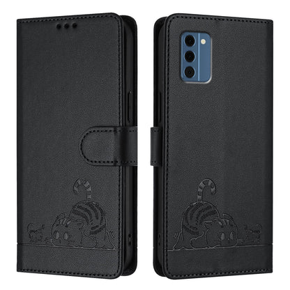 Nokia C300 Leather Phone Case with Cat and Rat Embossed Pattern, RFID Protection, Card Holder Slots, Anti-fall Feature & Lanyard