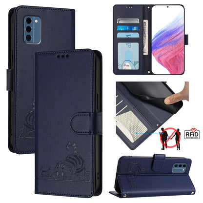 Nokia C300 Leather Phone Case with Cat and Rat Embossed Pattern, RFID Protection, Card Holder Slots, Anti-fall Feature & Lanyard