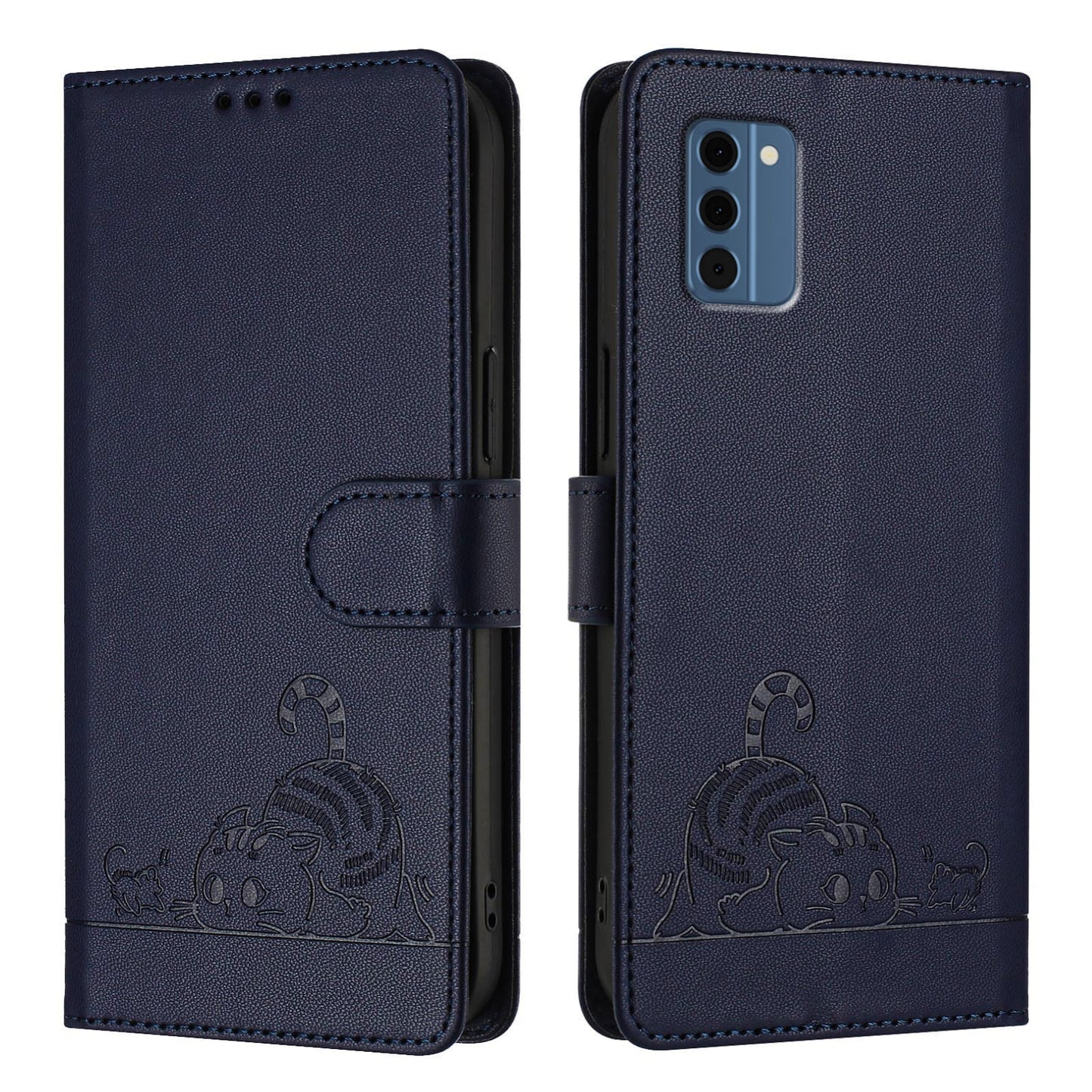 Nokia C300 Leather Phone Case with Cat and Rat Embossed Pattern, RFID Protection, Card Holder Slots, Anti-fall Feature & Lanyard