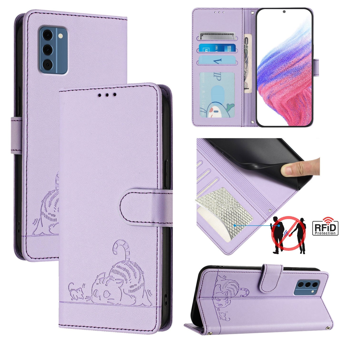 Nokia C300 Leather Phone Case with Cat and Rat Embossed Pattern, RFID Protection, Card Holder Slots, Anti-fall Feature & Lanyard