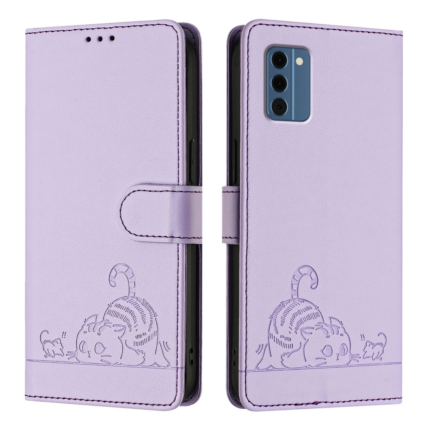 Nokia C300 Leather Phone Case with Cat and Rat Embossed Pattern, RFID Protection, Card Holder Slots, Anti-fall Feature & Lanyard