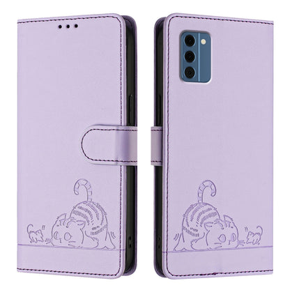 Nokia C300 Leather Phone Case with Cat and Rat Embossed Pattern, RFID Protection, Card Holder Slots, Anti-fall Feature & Lanyard