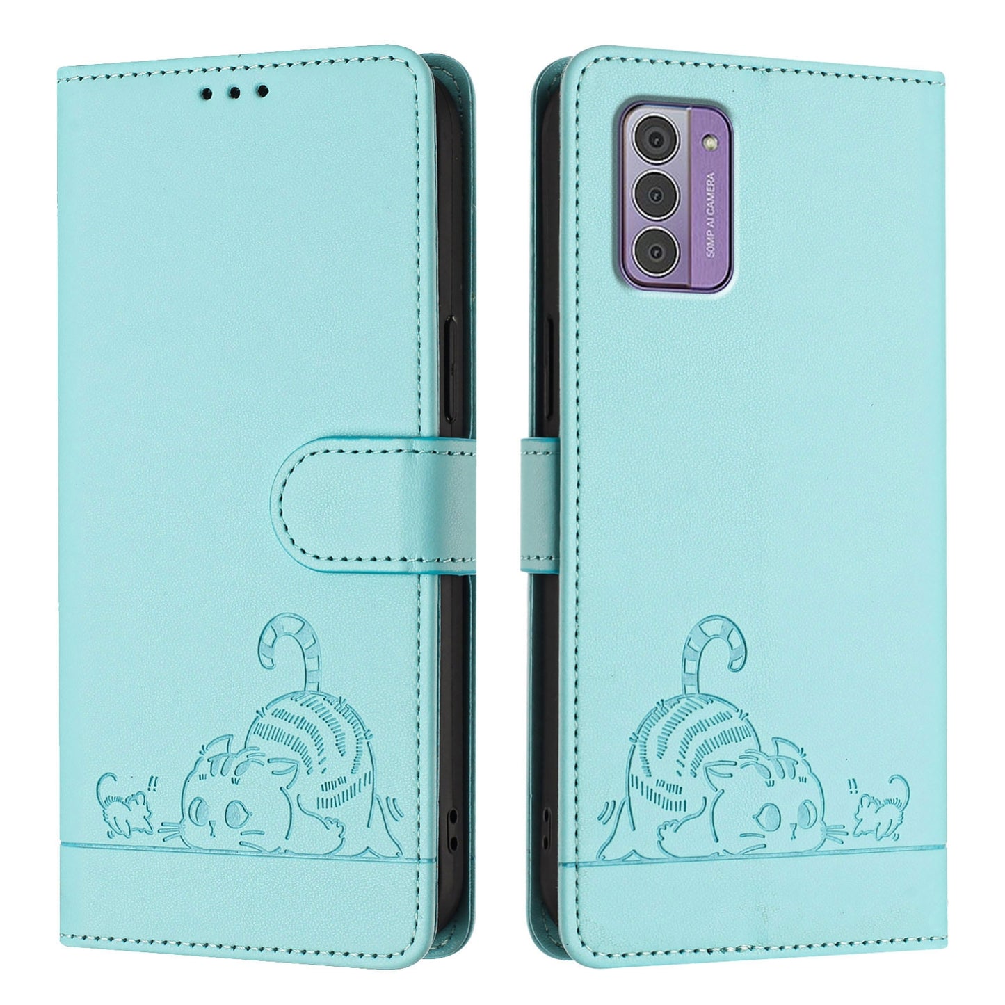 Nokia G310 Leather Phone Case with Cat and Rat Embossed Pattern, RFID Protection, Card Holder Slots, Anti-fall Feature & Lanyard
