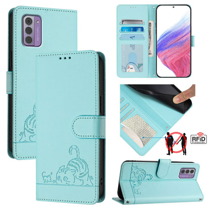 Nokia G310 Leather Phone Case with Cat and Rat Embossed Pattern, RFID Protection, Card Holder Slots, Anti-fall Feature & Lanyard