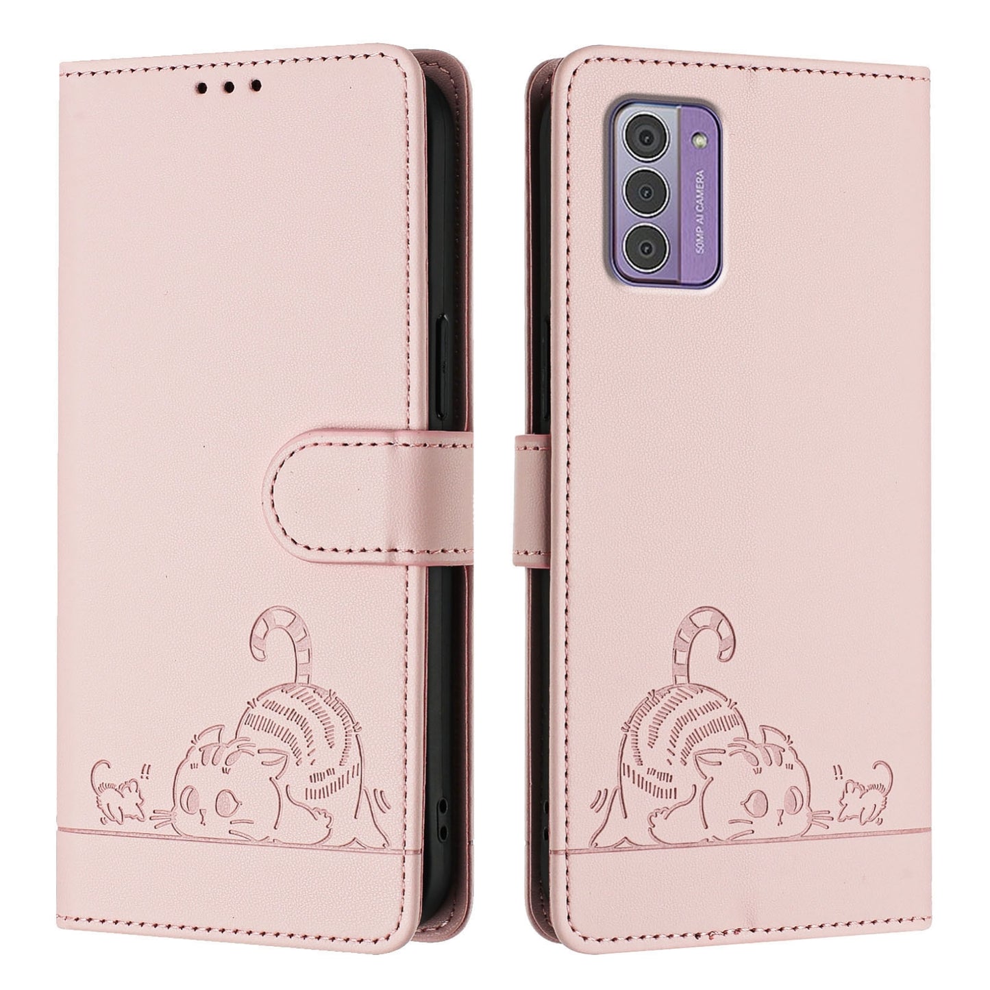 Nokia G42 Leather Phone Case with Cat and Rat Embossed Pattern, RFID Protection, Card Holder Slots, Anti-fall Feature & Lanyard