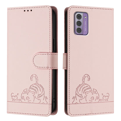 Nokia G42 Leather Phone Case with Cat and Rat Embossed Pattern, RFID Protection, Card Holder Slots, Anti-fall Feature & Lanyard
