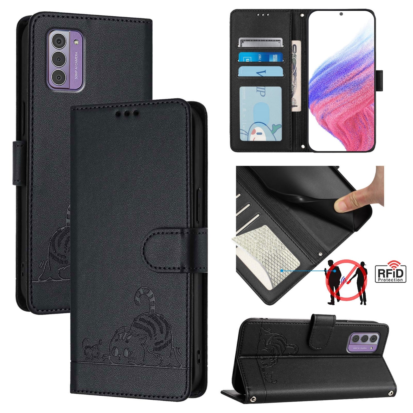 Nokia G42 Leather Phone Case with Cat and Rat Embossed Pattern, RFID Protection, Card Holder Slots, Anti-fall Feature & Lanyard