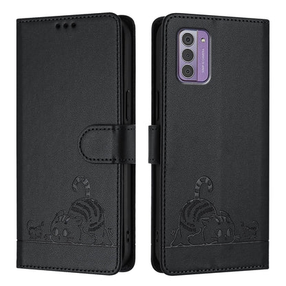 Nokia G310 Leather Phone Case with Cat and Rat Embossed Pattern, RFID Protection, Card Holder Slots, Anti-fall Feature & Lanyard