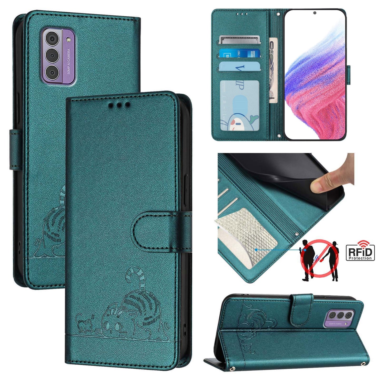 Nokia G42 Leather Phone Case with Cat and Rat Embossed Pattern, RFID Protection, Card Holder Slots, Anti-fall Feature & Lanyard