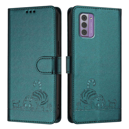 Nokia G42 Leather Phone Case with Cat and Rat Embossed Pattern, RFID Protection, Card Holder Slots, Anti-fall Feature & Lanyard
