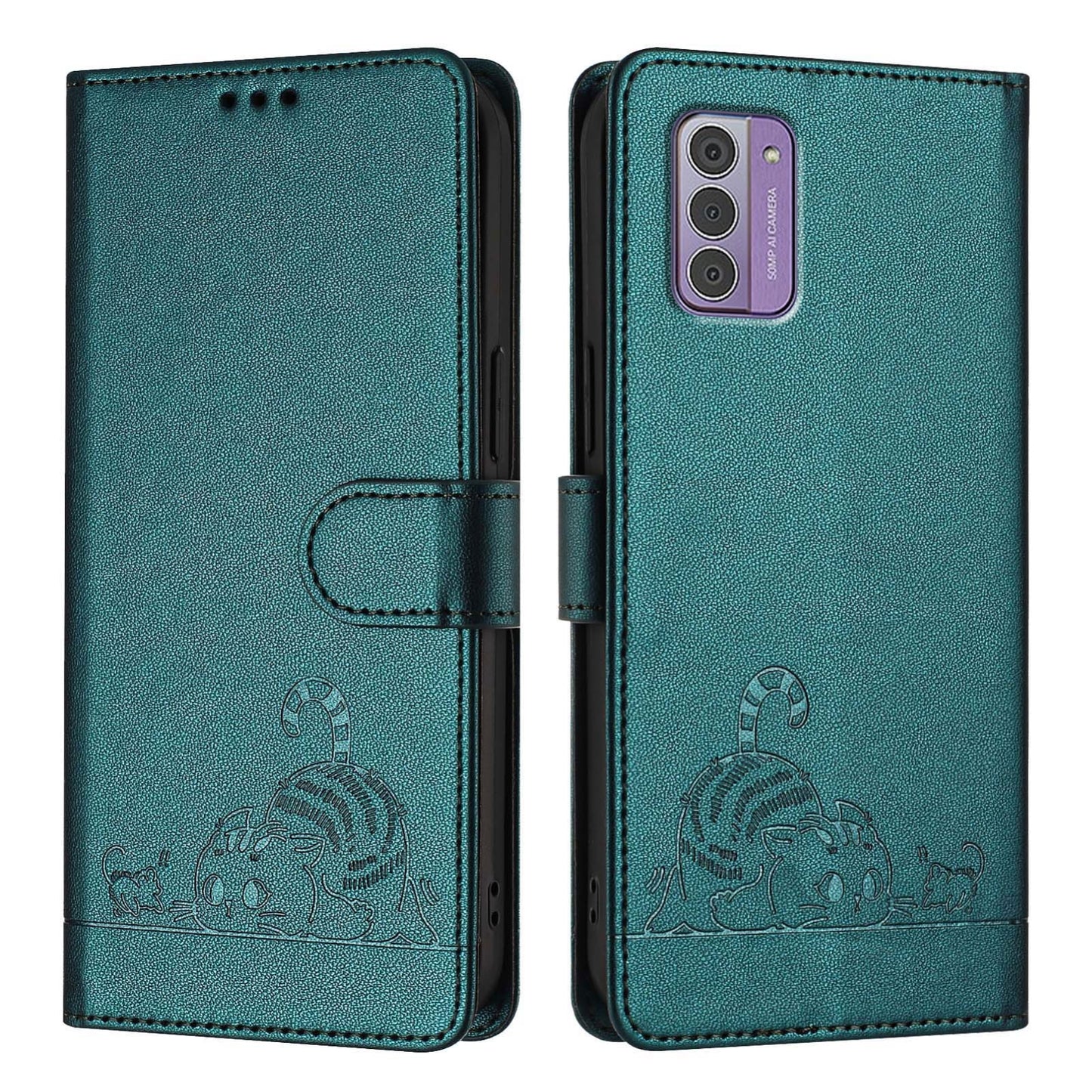 Nokia G310 Leather Phone Case with Cat and Rat Embossed Pattern, RFID Protection, Card Holder Slots, Anti-fall Feature & Lanyard