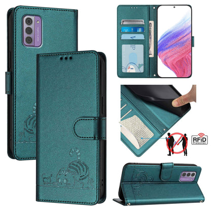 Nokia G310 Leather Phone Case with Cat and Rat Embossed Pattern, RFID Protection, Card Holder Slots, Anti-fall Feature & Lanyard