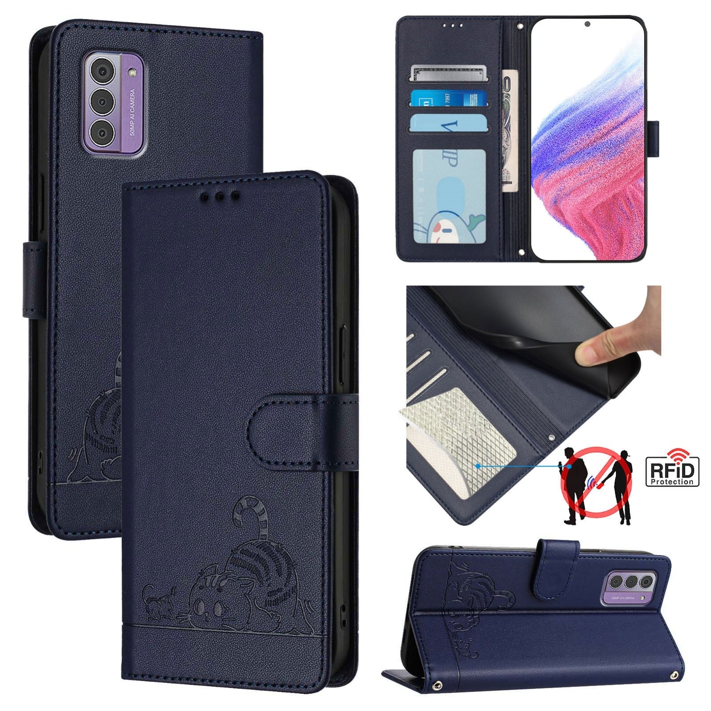 Nokia G42 Leather Phone Case with Cat and Rat Embossed Pattern, RFID Protection, Card Holder Slots, Anti-fall Feature & Lanyard
