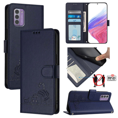 Nokia G42 Leather Phone Case with Cat and Rat Embossed Pattern, RFID Protection, Card Holder Slots, Anti-fall Feature & Lanyard