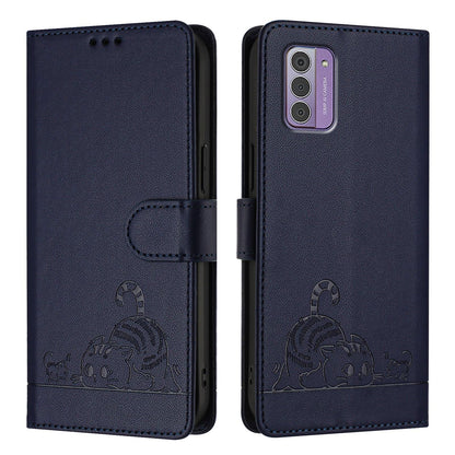 Nokia G42 Leather Phone Case with Cat and Rat Embossed Pattern, RFID Protection, Card Holder Slots, Anti-fall Feature & Lanyard