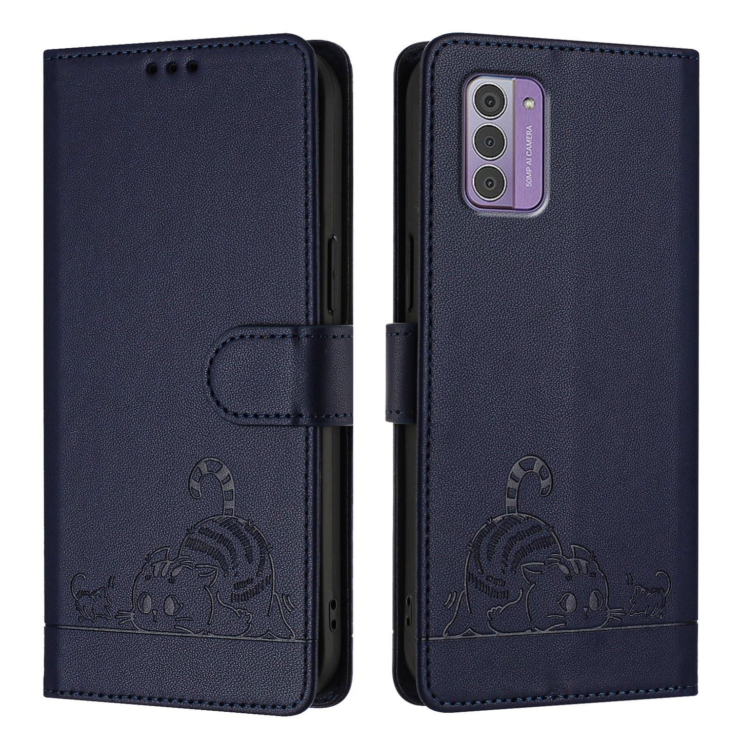 Nokia G310 Leather Phone Case with Cat and Rat Embossed Pattern, RFID Protection, Card Holder Slots, Anti-fall Feature & Lanyard