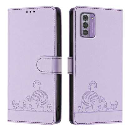 Nokia G42 Leather Phone Case with Cat and Rat Embossed Pattern, RFID Protection, Card Holder Slots, Anti-fall Feature & Lanyard