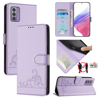 Nokia G310 Leather Phone Case with Cat and Rat Embossed Pattern, RFID Protection, Card Holder Slots, Anti-fall Feature & Lanyard