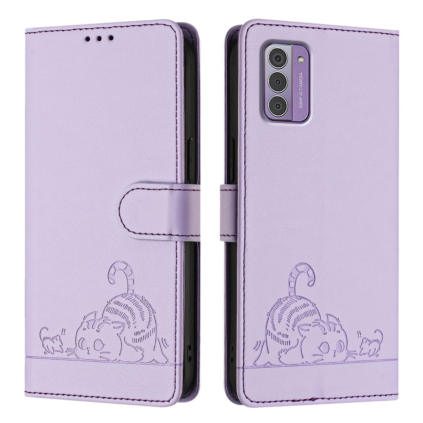 Nokia G310 Leather Phone Case with Cat and Rat Embossed Pattern, RFID Protection, Card Holder Slots, Anti-fall Feature & Lanyard