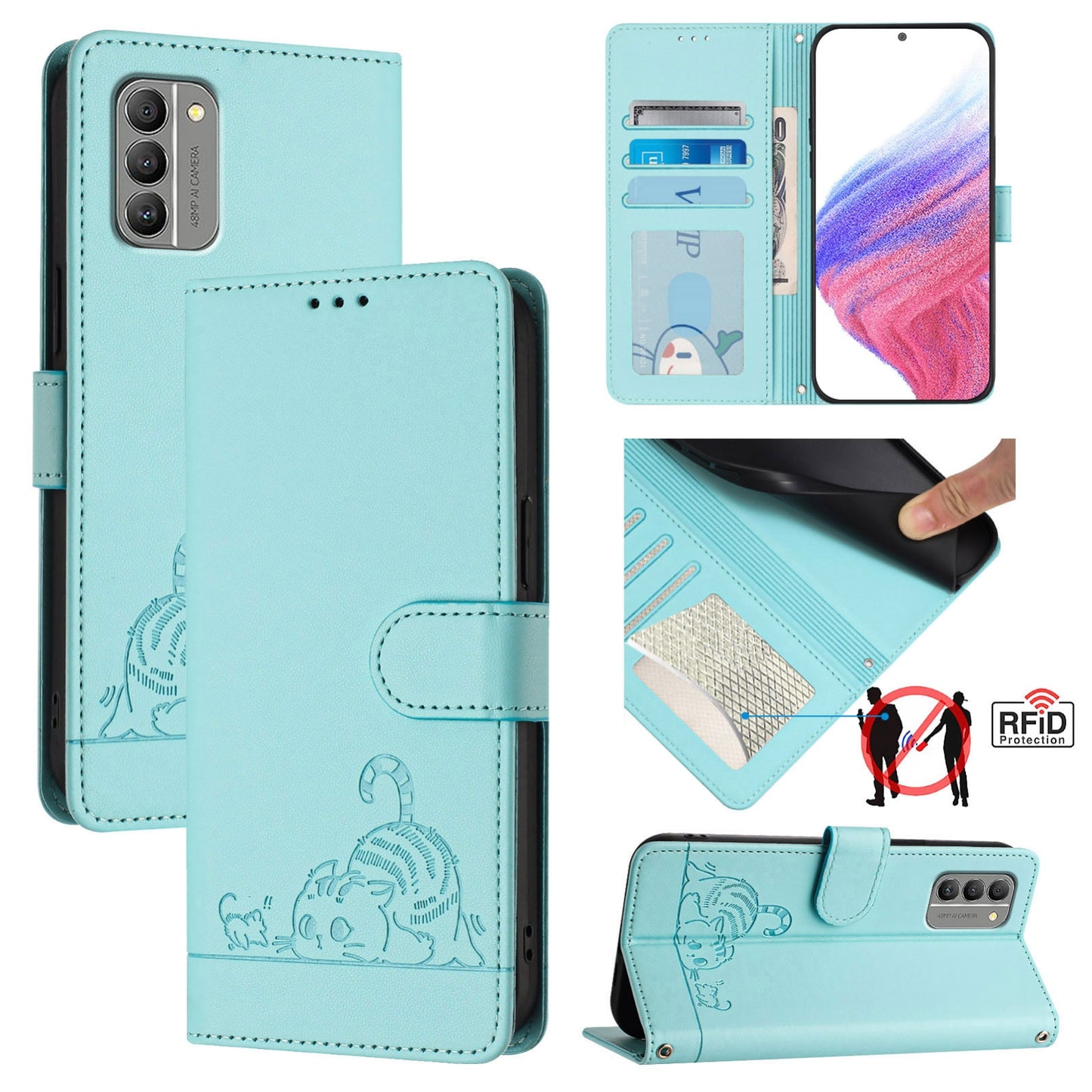 Nokia G400 Leather Phone Case with Cat and Rat Embossed Pattern, RFID Protection, Card Holder Slots, Anti-fall Feature & Lanyard