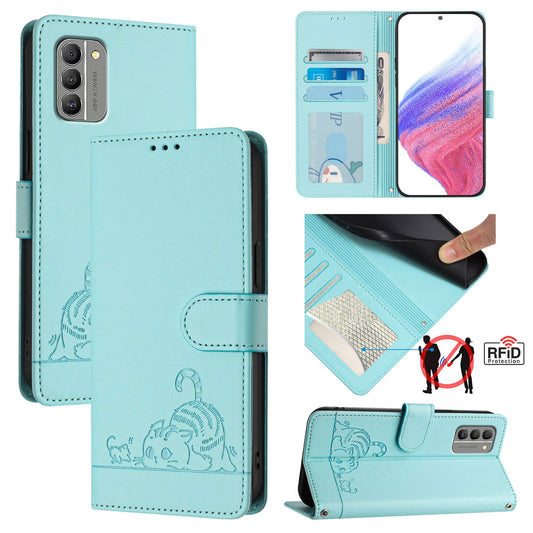 Nokia G400 Leather Phone Case with Cat and Rat Embossed Pattern, RFID Protection, Card Holder Slots, Anti-fall Feature & Lanyard
