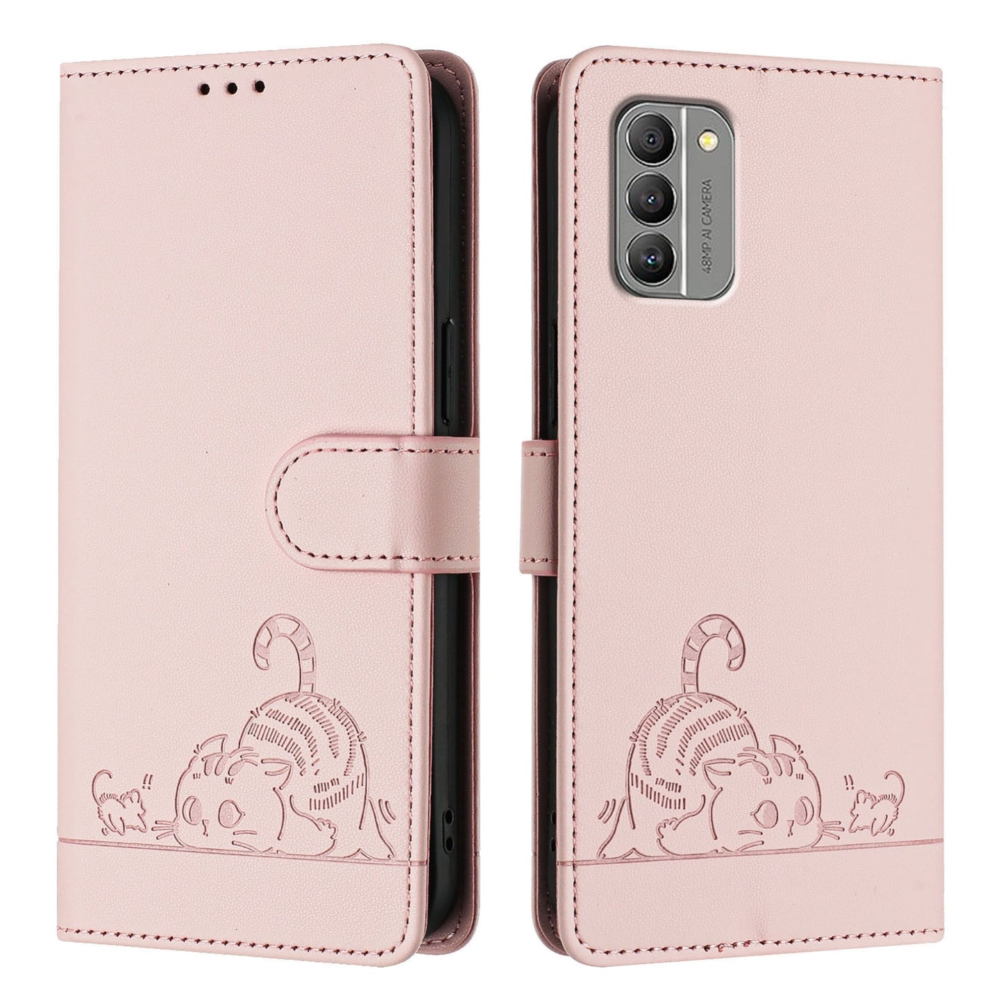 Nokia G400 Leather Phone Case with Cat and Rat Embossed Pattern, RFID Protection, Card Holder Slots, Anti-fall Feature & Lanyard
