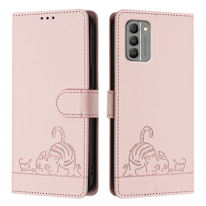 Nokia G400 Leather Phone Case with Cat and Rat Embossed Pattern, RFID Protection, Card Holder Slots, Anti-fall Feature & Lanyard